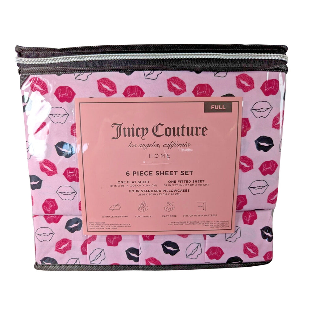Juicy Couture 6pc. Full Sheet Set Kiss Print Pink, Black, Purple
