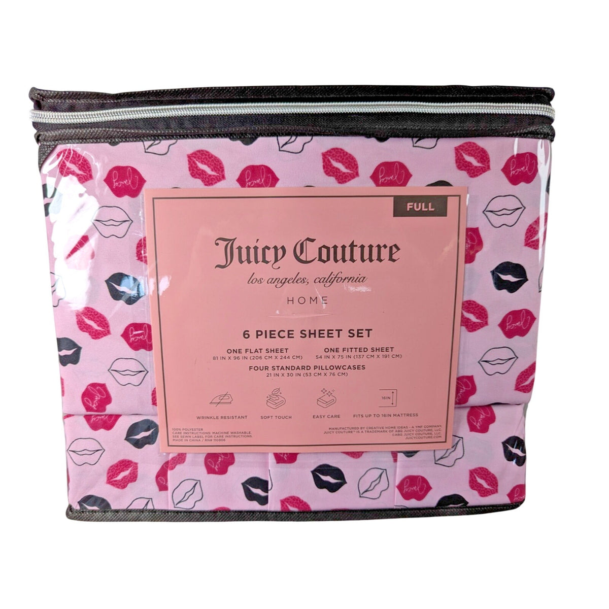 Juicy Couture 6pc. Full Sheet Set Kiss Print Pink, Black, Purple