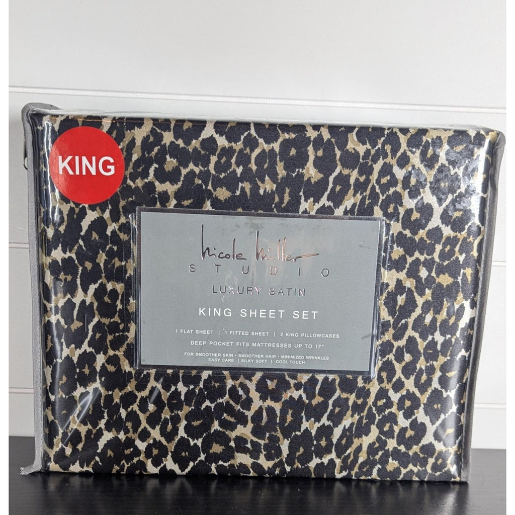 Nicole Miller Studio Luxury Satin KING Sheet Set 4 Pc Leopard Cheetah - New