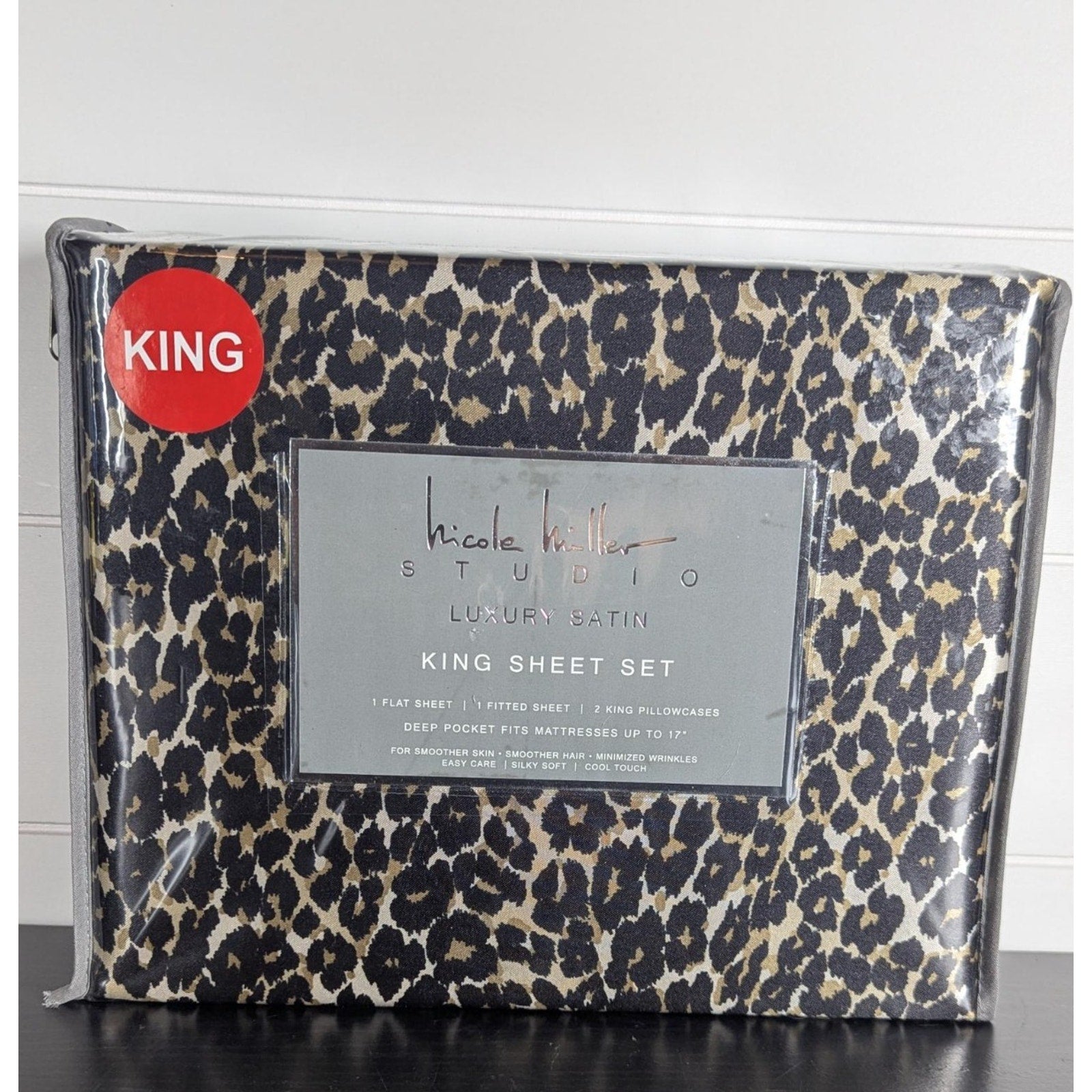 Nicole Miller Studio Luxury Satin KING Sheet Set 4 Pc Leopard Cheetah - New