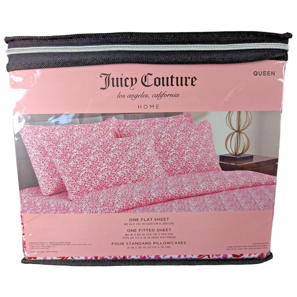 Juicy Couture Queen Sheet Set 6 Pieces Leopard Print Pink Heart Valentine’s Day