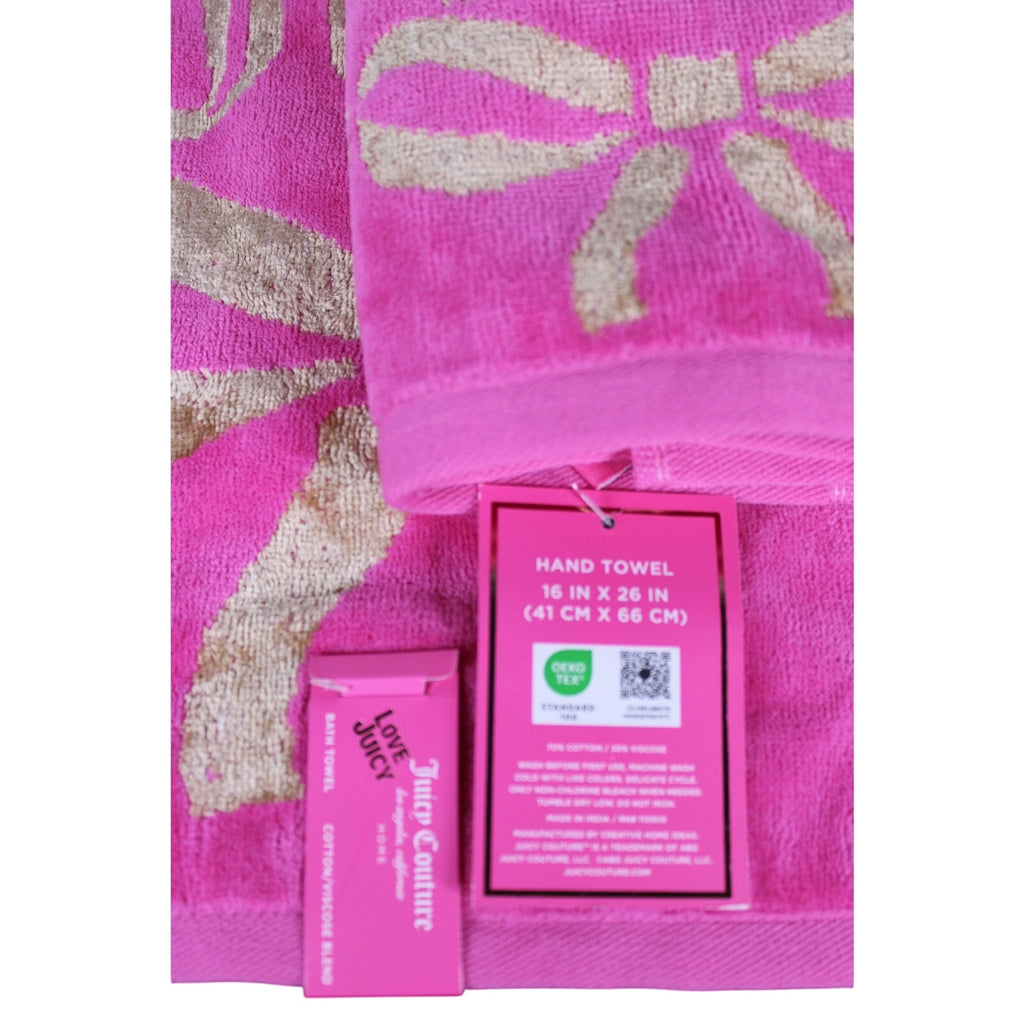 JUICY COUTURE 2psc. PINK FUCHSIA GOLD BOW TIE COTTON VISCOSE Soft 1 BATH 1 HAND TOWEL