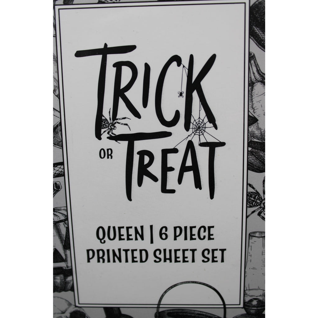 Halloween TWIN 4pc Sheets Set White Black Skulls Pumpkin Crow Owl Clock Poison