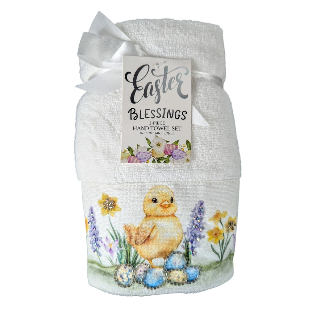 Easter Blessing Beaded Chick Floral Hand Towels Set of 2, 16x28" 100% Cotton