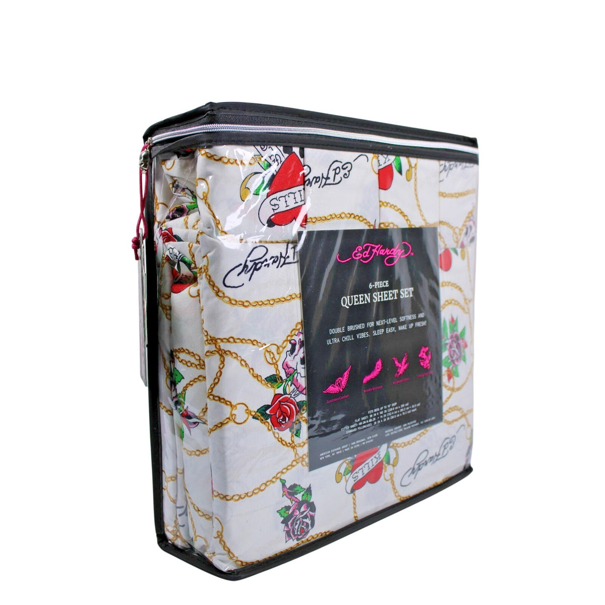 Ed Hardy White 6 pc Queen Sheet Set Skulls Roses Tattoo Print w/4 Pillowcases