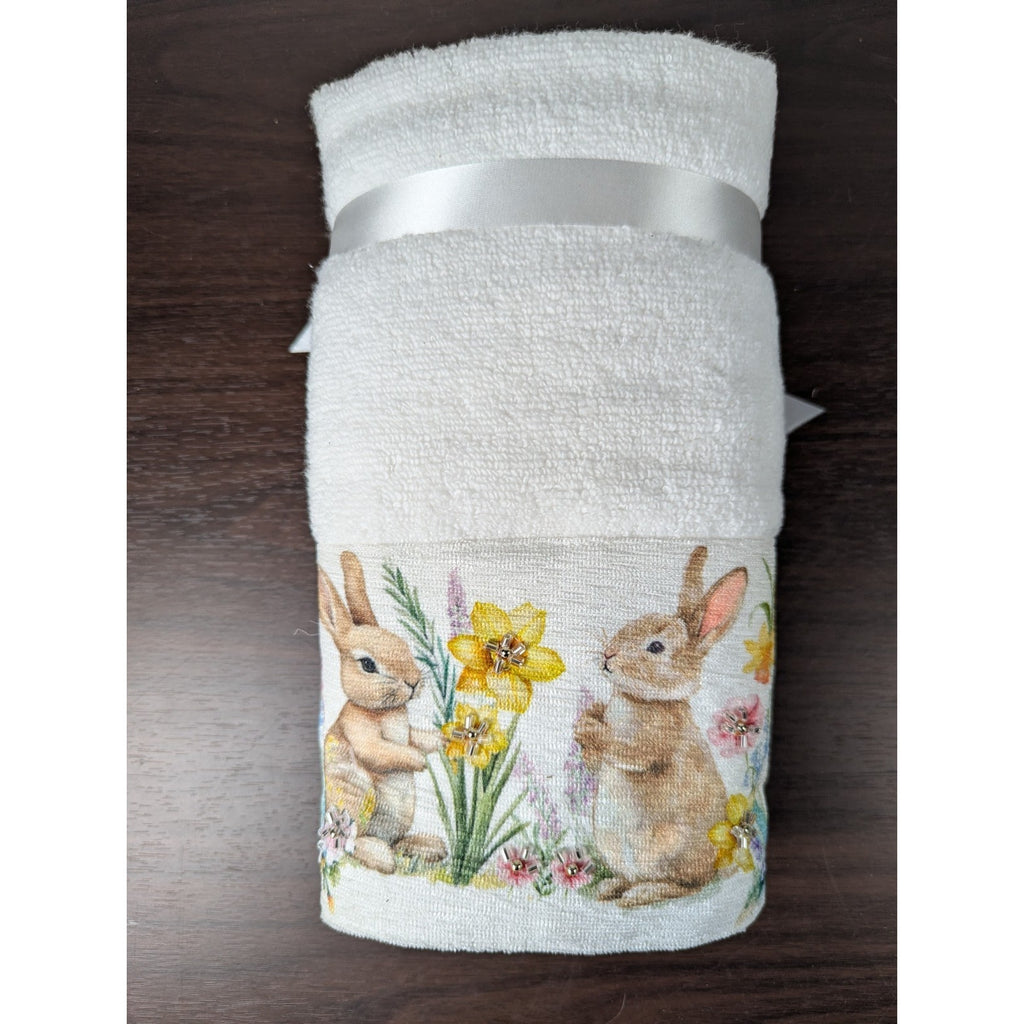Happy Easter Spring Beaded Bunny Floral Hand Towels Set of 2, 16x28" 100% Cotton