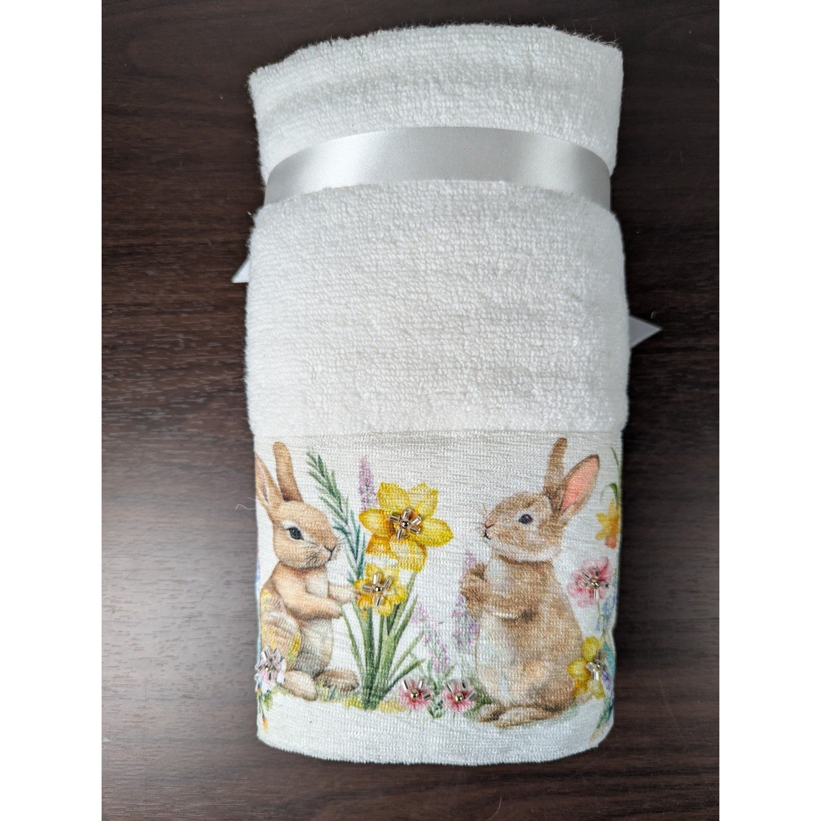 Happy Easter Spring Beaded Bunny Floral Hand Towels Set of 2, 16x28" 100% Cotton