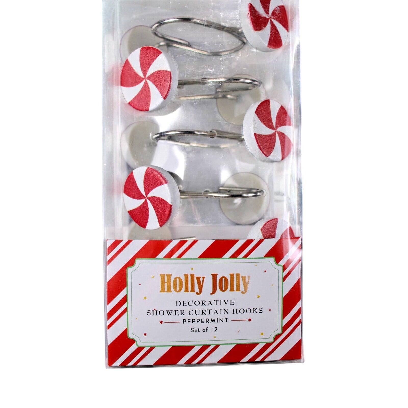 Set of 12 CHRISTMAS PEPPERMINT CANDY SHOWER CURTAIN HOOKS RINGS NIB