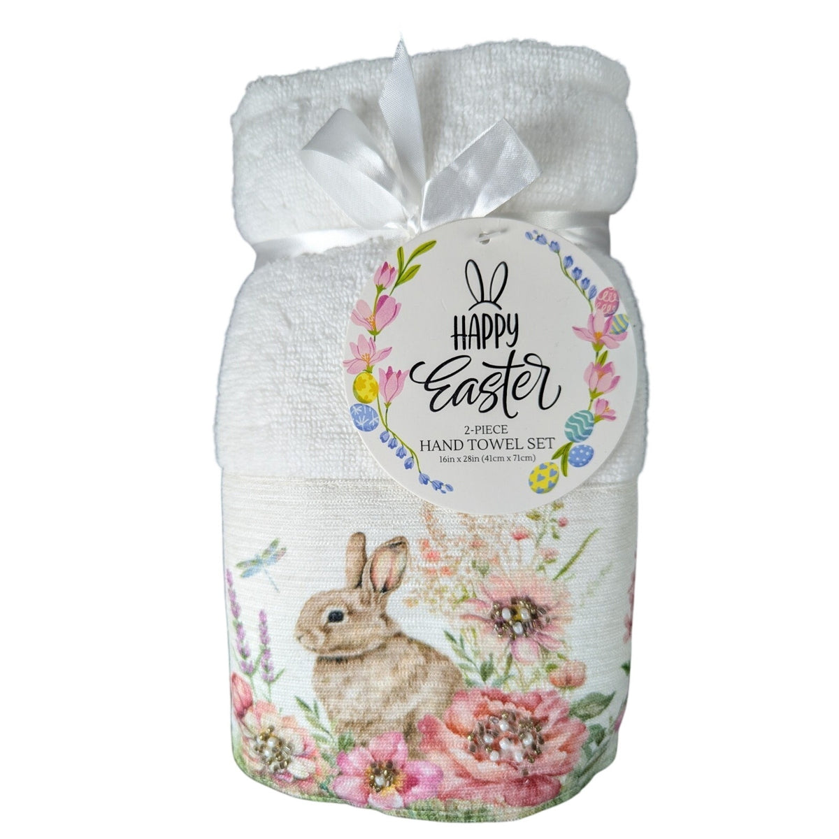Easter Blessing Beaded Bunny Floral Hand Towels Set of 2, 16x28" 100% Cotton