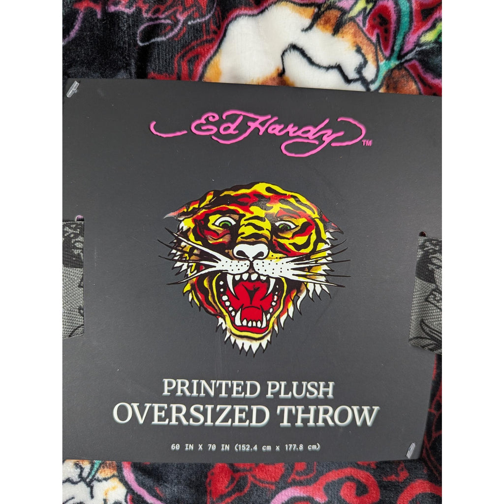 Ed Hardy Oversized Throw Blanket Tattoo Roses Skulls Hearts 60 x 70" NEW