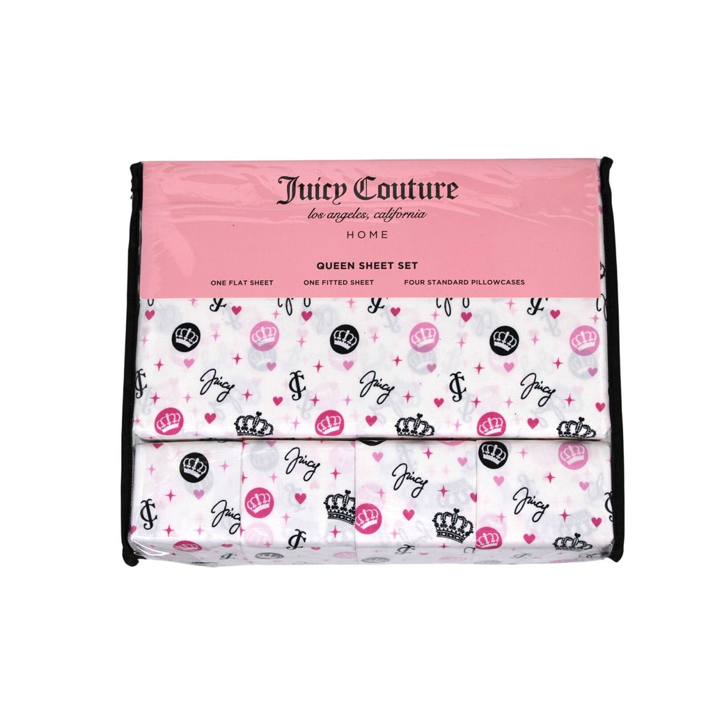 Juicy Couture QUEEN Bed Sheets 6 Pcs. Crown, JC logo, Hearts, Stars