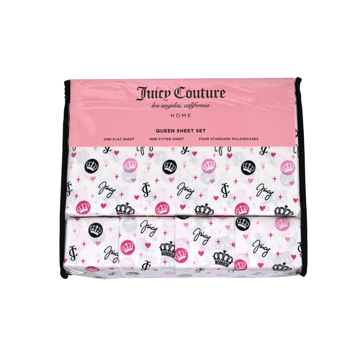 Juicy Couture QUEEN Bed Sheets 6 Pcs. Crown, JC logo, Hearts, Stars