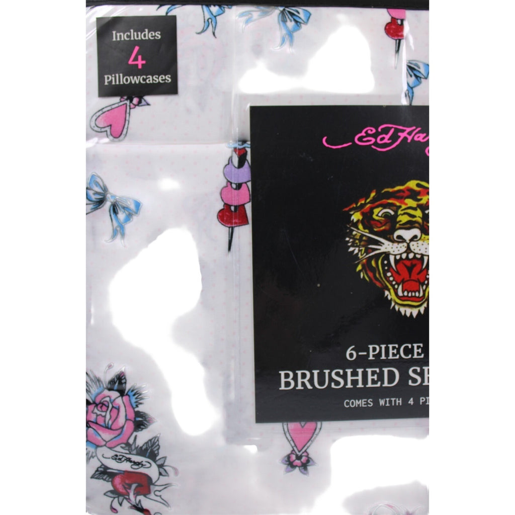 Ed Hardy KING 6pc Sheet Set with 4 Pillowcases Skulls, Bows, Roses, Hearts print