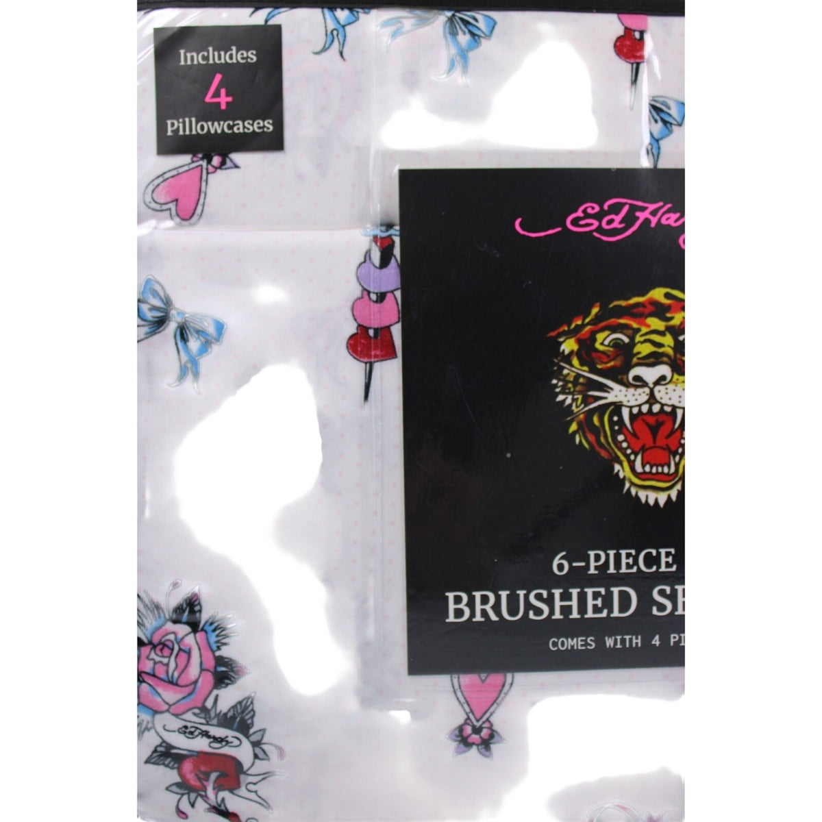 Ed Hardy KING 6pc Sheet Set with 4 Pillowcases Skulls, Bows, Roses, Hearts print