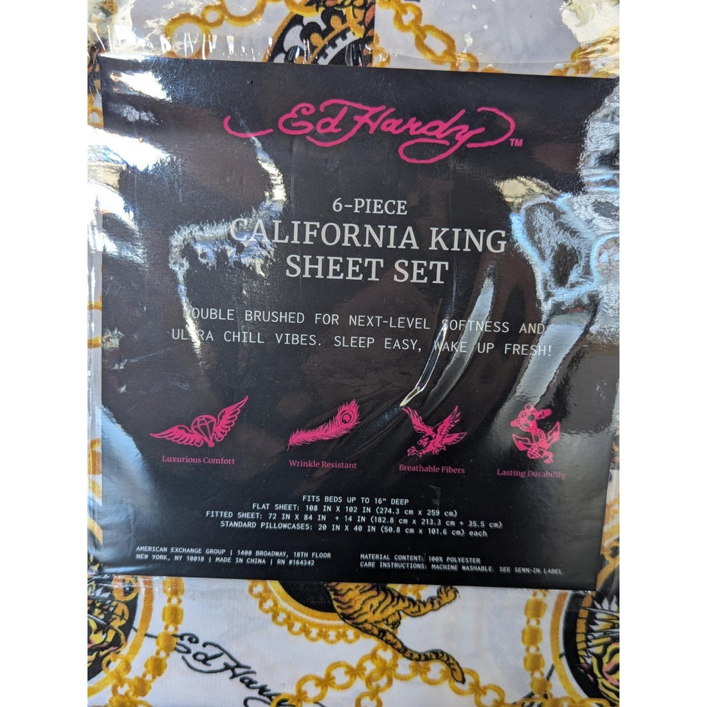 Ed Hardy White 6 pc Cal King Sheet Set Tigers Print w/4 Pillowcases