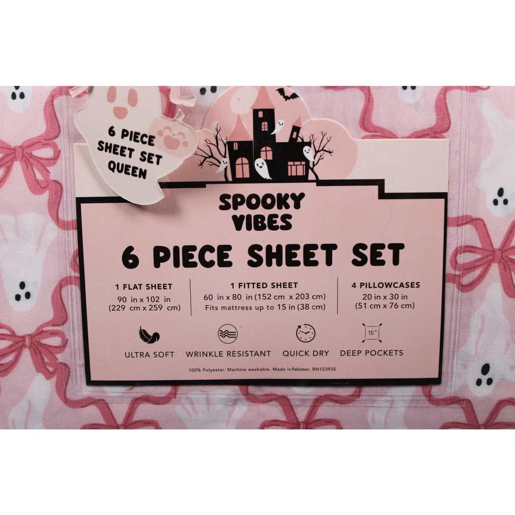 Spooky Vibes QUEEN 6pc Ghost Halloween Pink Bows Ultra Soft Sheet Set