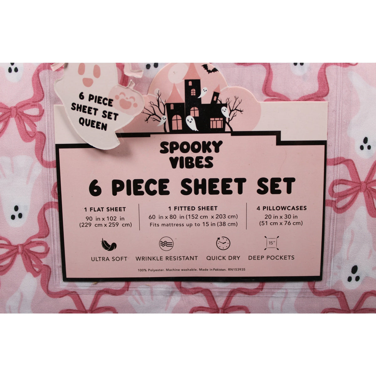 Spooky Vibes QUEEN 6pc Ghost Halloween Pink Bows Ultra Soft Sheet Set