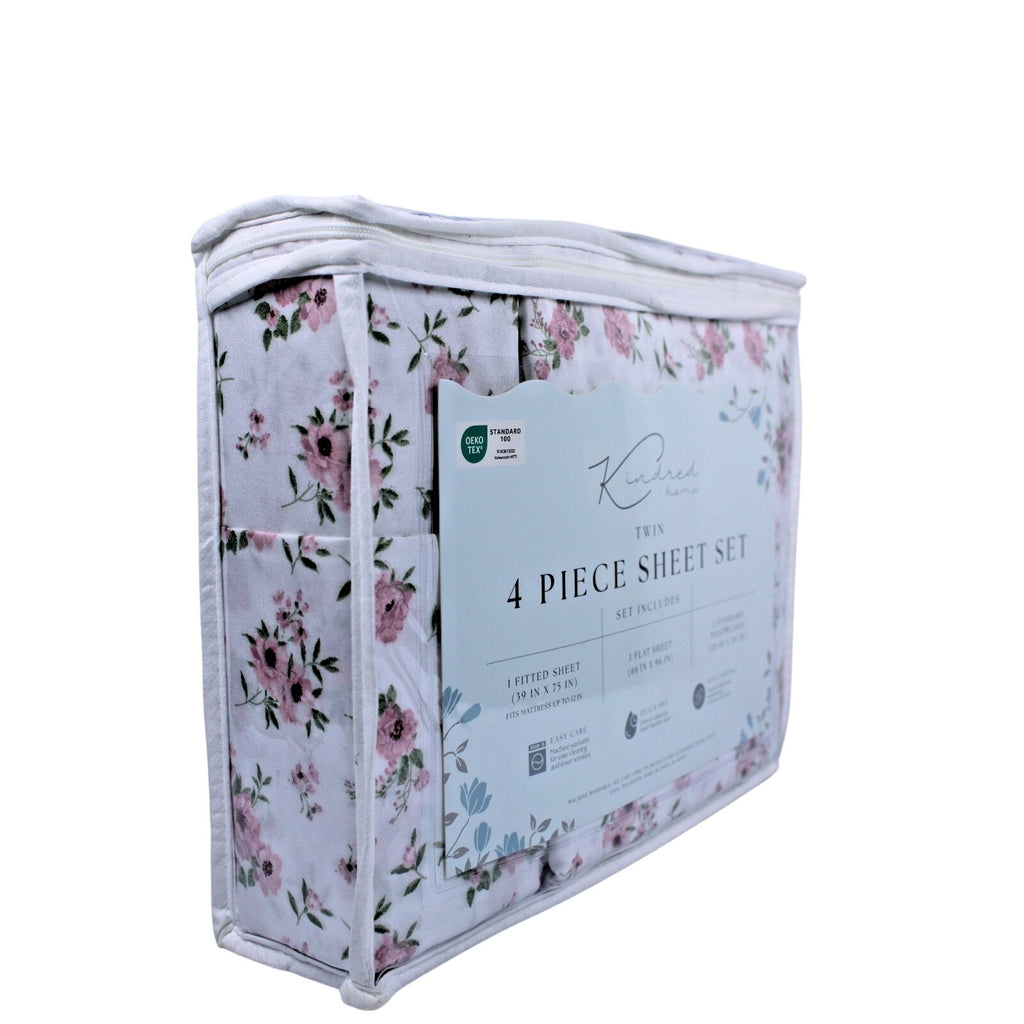 KINDRED HOME 4 PIECE Floral DESIGN TWIN SHEET SET 1 EX PILLOWCASE