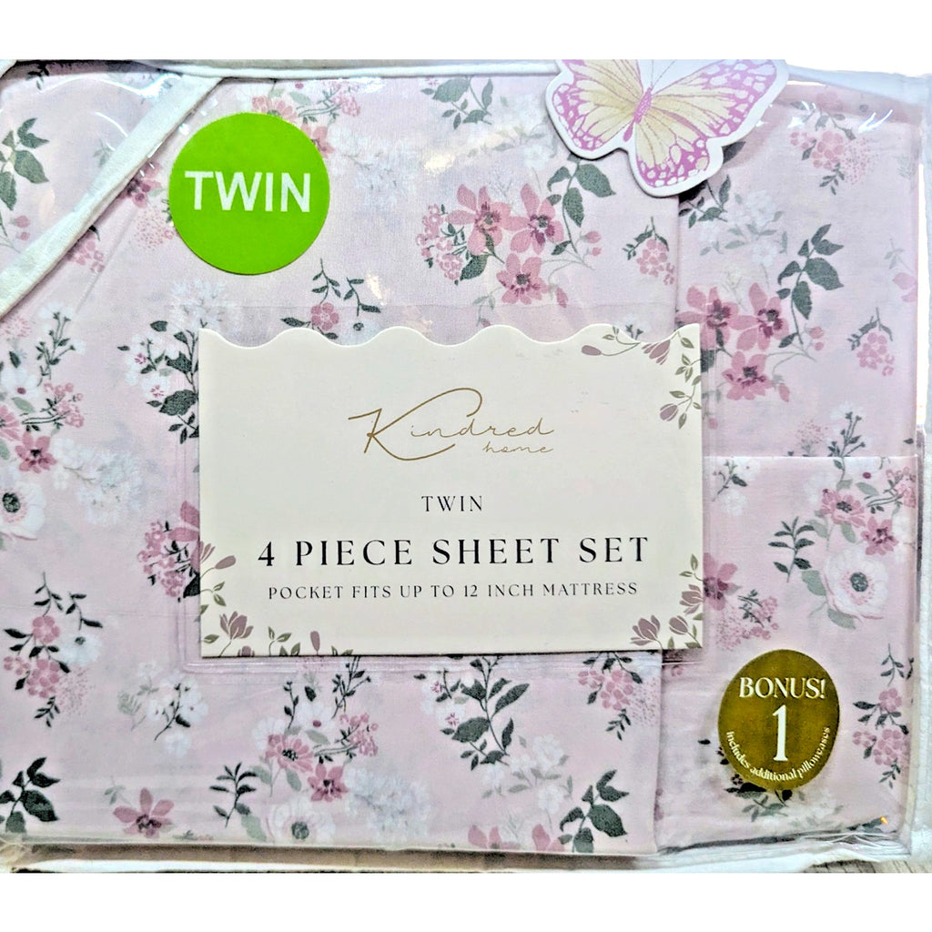 KINDRED HOME 4 PIECE PURPLE FLORAL DESIGN TWIN SHEET SET 1 EXTRA PILLOWCASE