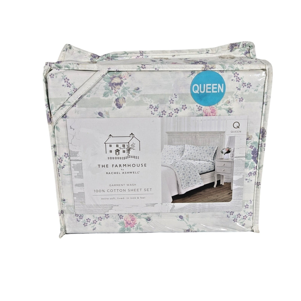 The Farmhouse Rachel Ashwell Purple, Pink, Green Floral Queen Sheet Set, NEW