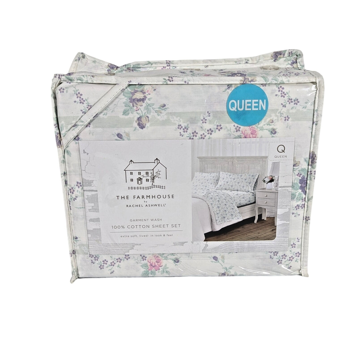 The Farmhouse Rachel Ashwell Purple, Pink, Green Floral Queen Sheet Set, NEW