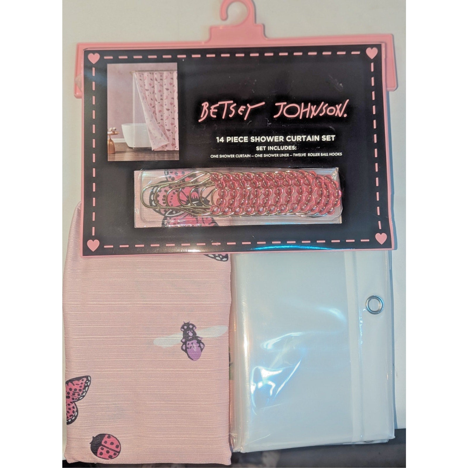 Betsey Johnson Pink Queen Bee, Lady Bug Shower Curtain 12 Hooks Liner Set