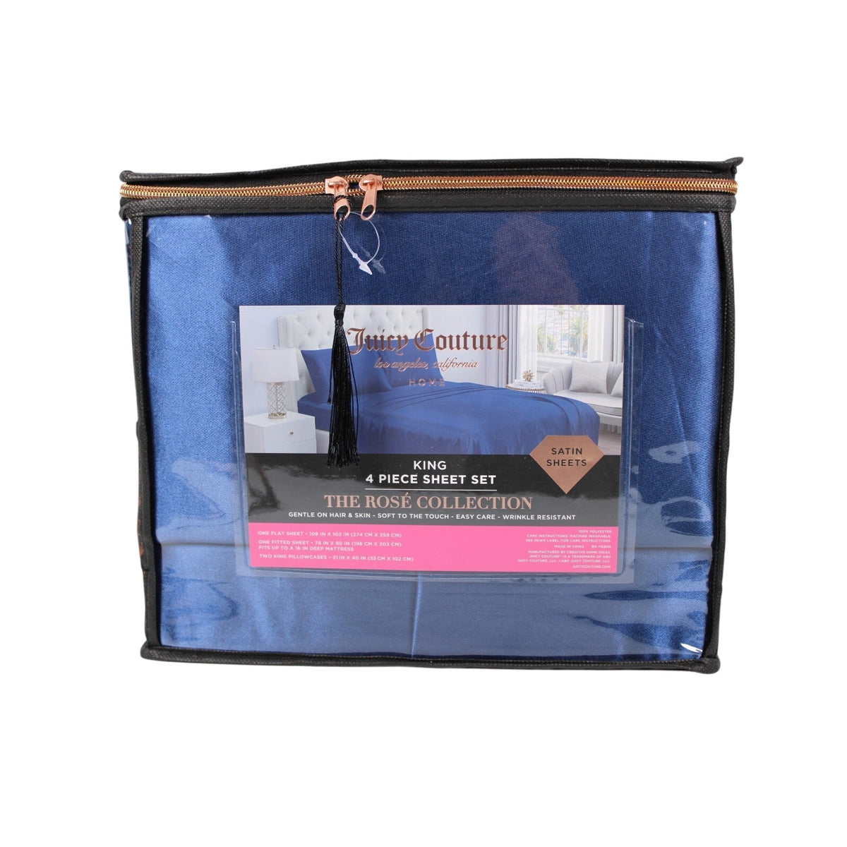 JUICY COUTURE 4-Piece Blue Satin Sheet Set - King Size - The Rosé Collection