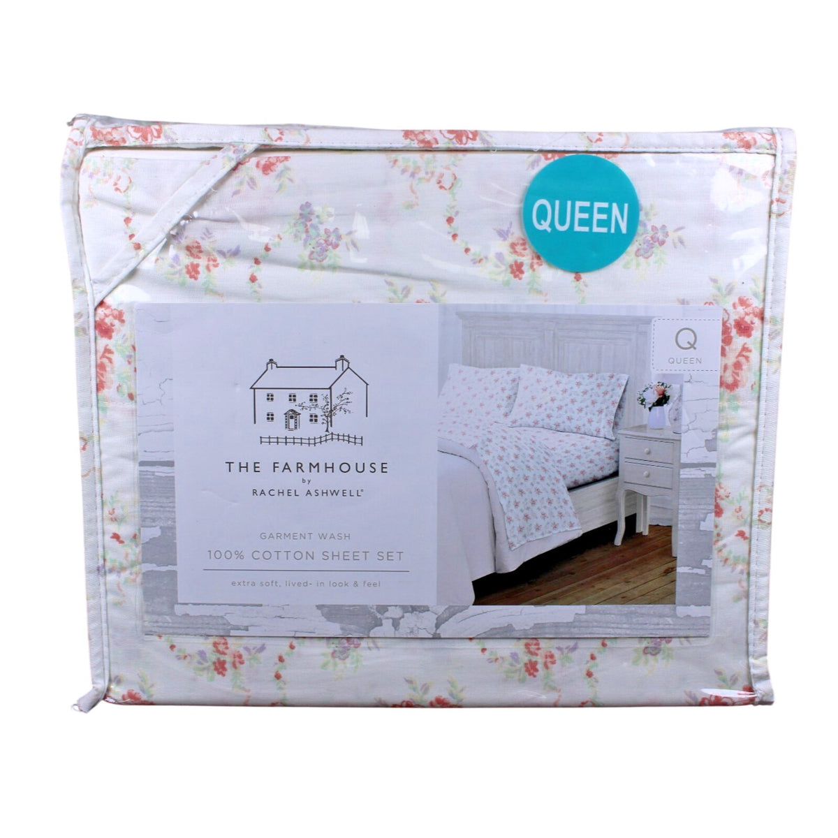 The Farmhouse Rachel Ashwell 100% Cotton Coral & Mint Floral QUEEN Sheets NEW