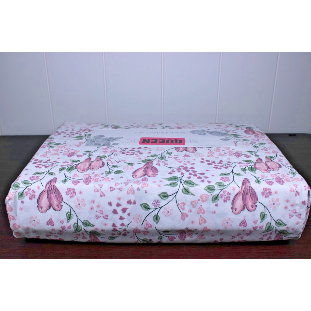Shabby Chic Farmhouse Cottage Queen Sheet Set Pink and Mauve Lovebirds & Hearts
