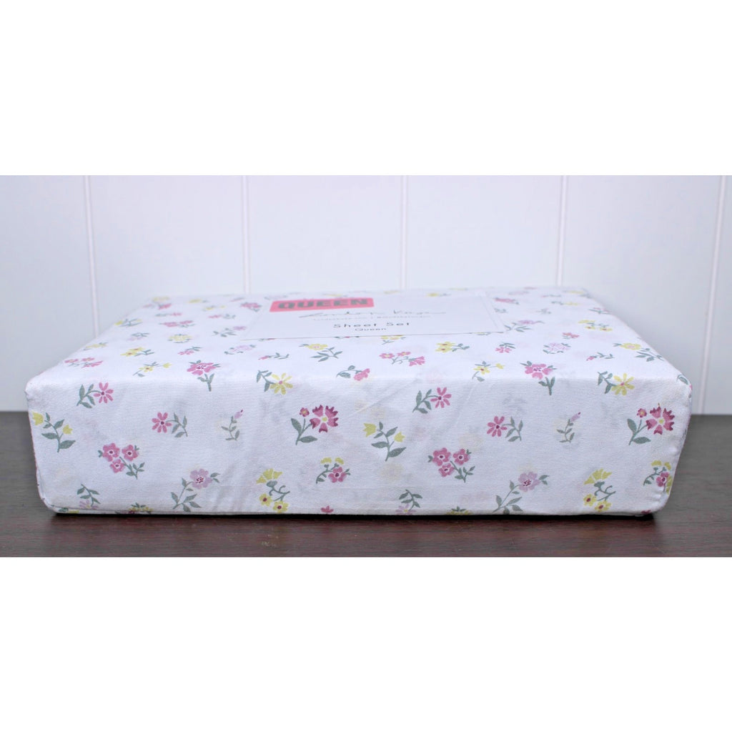 London Kaye Pink & Yellow Flower Garden Soft Brushed Queen Sheet Set NEW