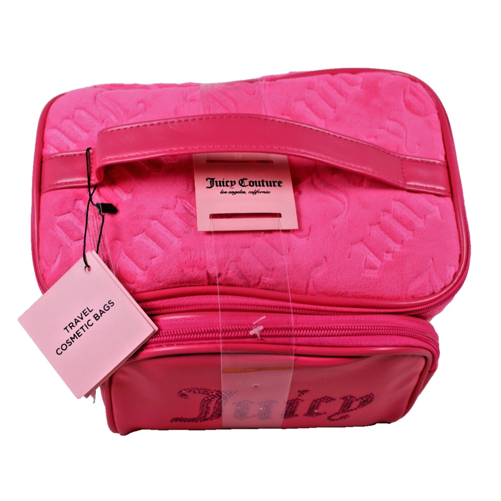 Juicy Couture Embossed Cosmetic Makeup Travel Bag 2 piece set w/toiletry bottle