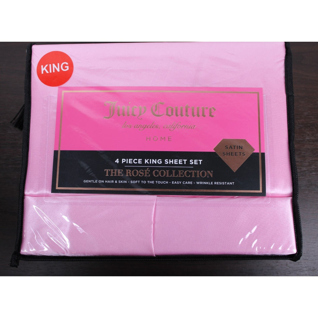 Juicy Couture Juicy Pink Satin 4pc KING Sheet Set Easy Care Soft Sleek Smooth
