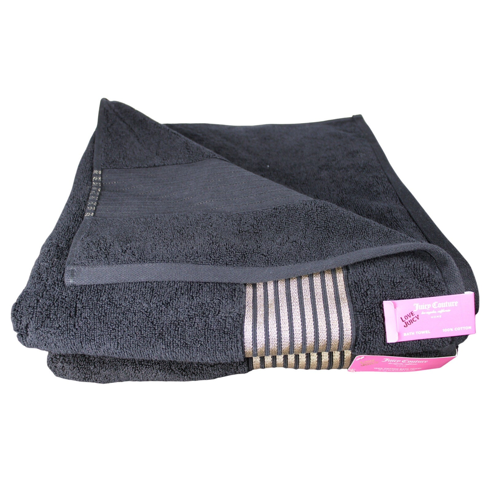 JUICY COUTURE 2psc Cotton Bath Towels, BLACK, Gold Stripes 100% Cotton 28"x54"