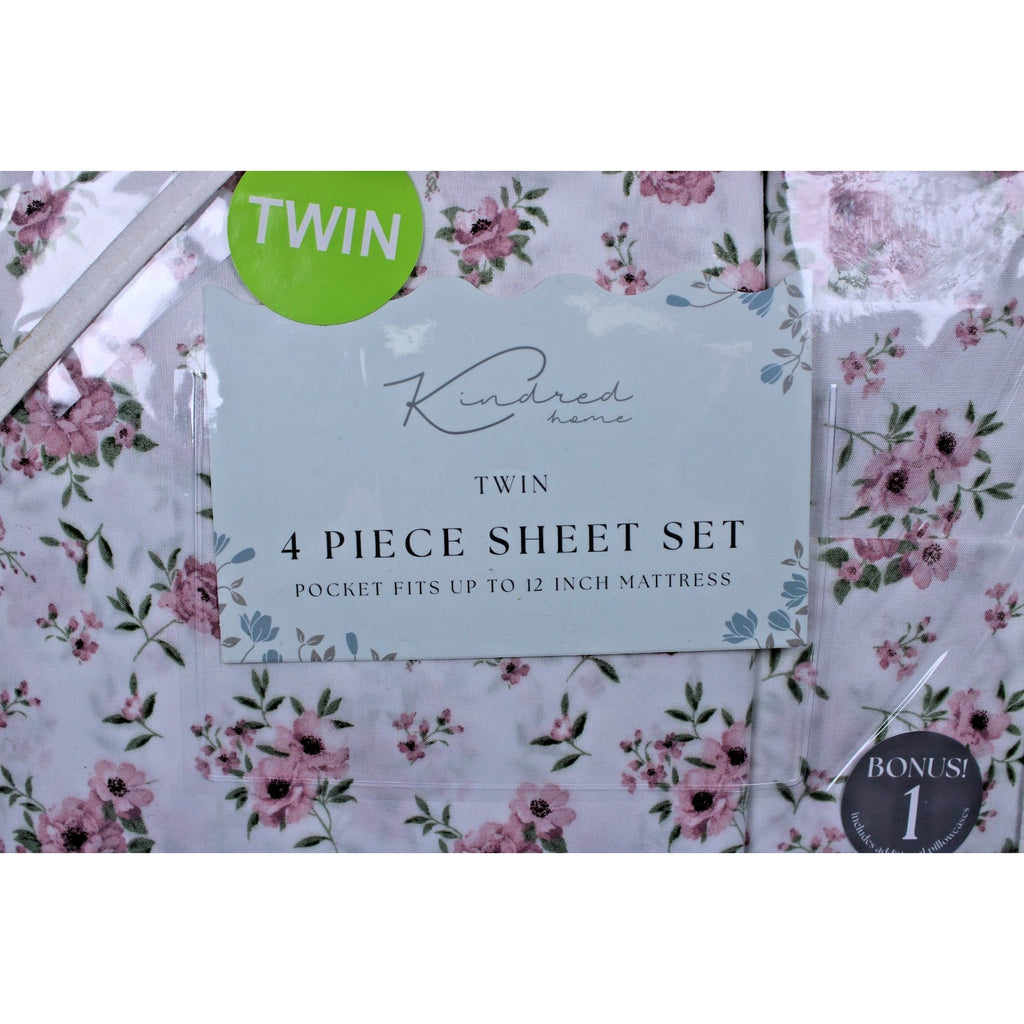 KINDRED HOME 4 PIECE TEA ROSE FLORAL DESIGN TWIN SHEET SET 1 EXTRA PILLOWCASE