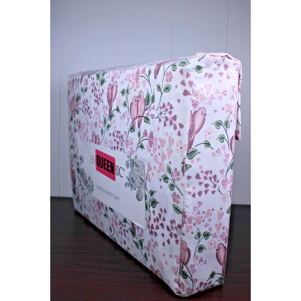 Shabby Chic Farmhouse Cottage Queen Sheet Set Pink and Mauve Lovebirds & Hearts