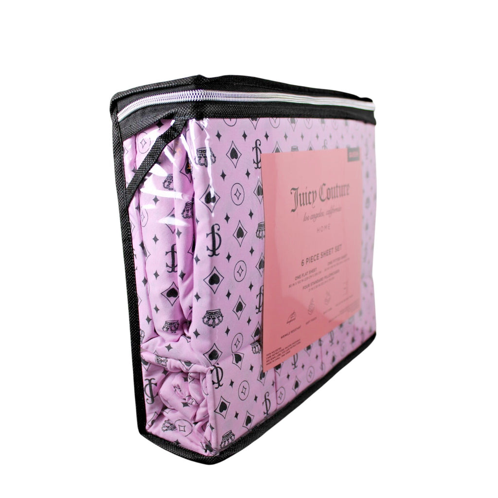 Juicy Couture Queen 6 pc Bed Sheet Set JC Logo Crown Heart Diamond Print