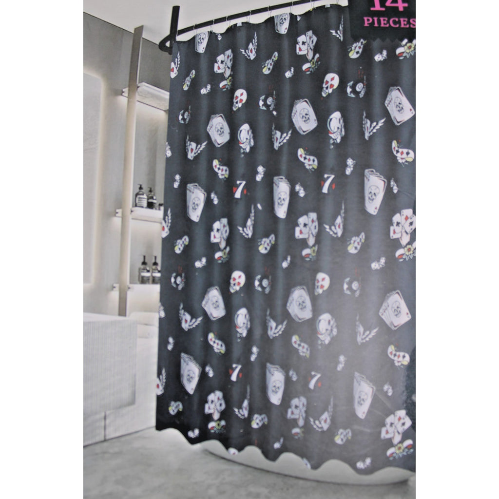 14-Pc Ed Hardy Skull POKER Cards Shower Curtain, Roller Ball Hooks, & Liner