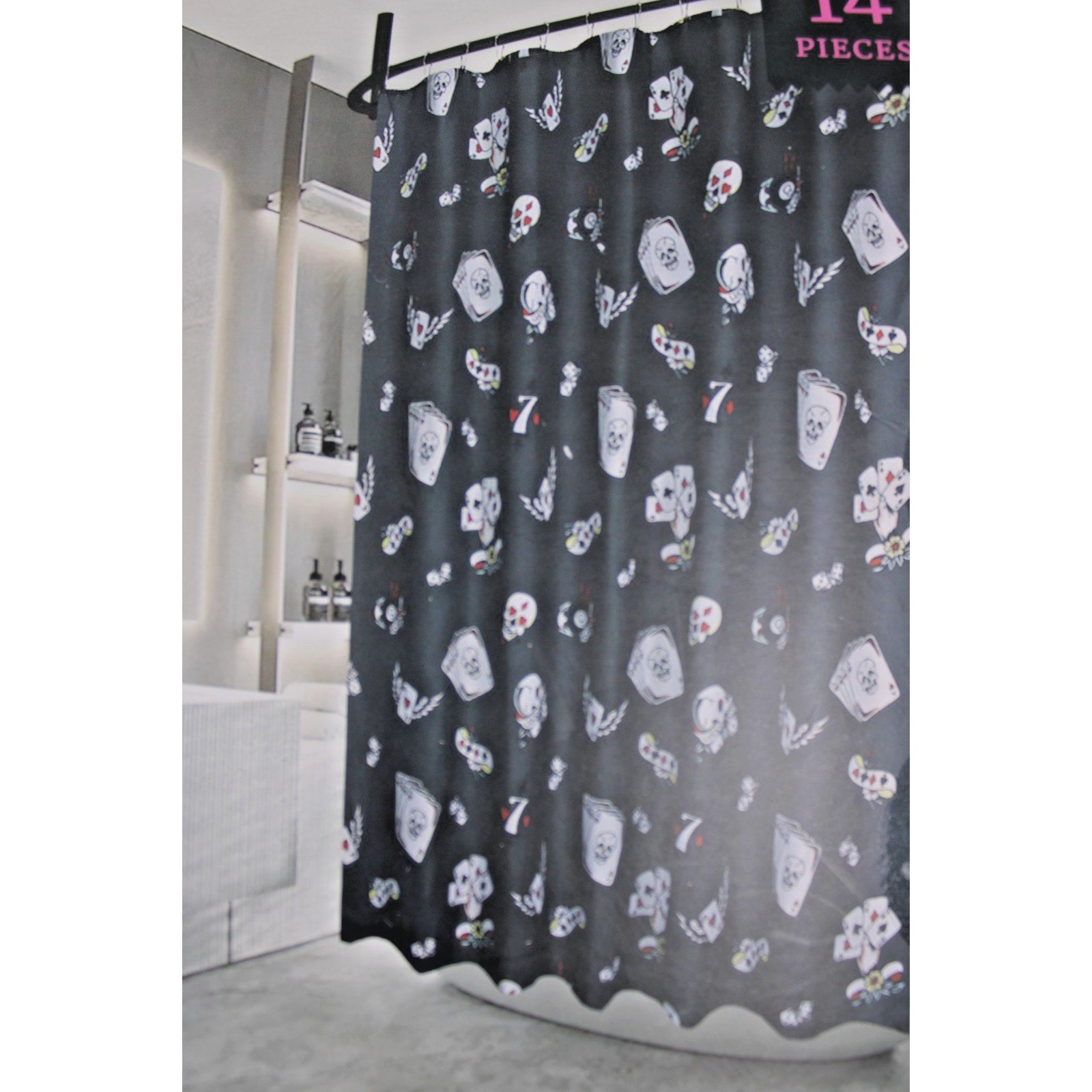 14-Pc Ed Hardy Skull POKER Cards Shower Curtain, Roller Ball Hooks, & Liner