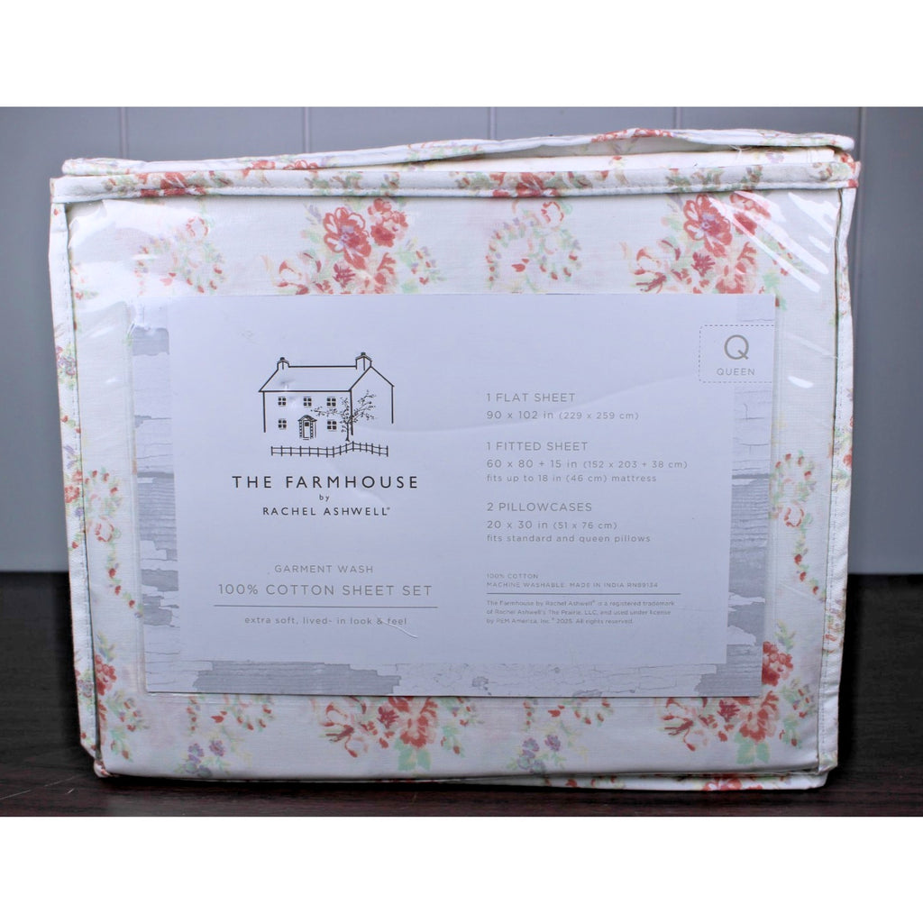 The Farmhouse Rachel Ashwell 100% Cotton Coral & Mint Floral QUEEN Sheets NEW