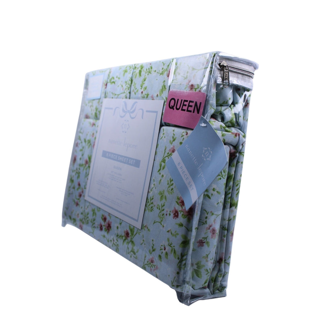 Nanette Lepore Queen 6 Piece Sheet Set Green, Pink Floral, 2 bonus pillowcases