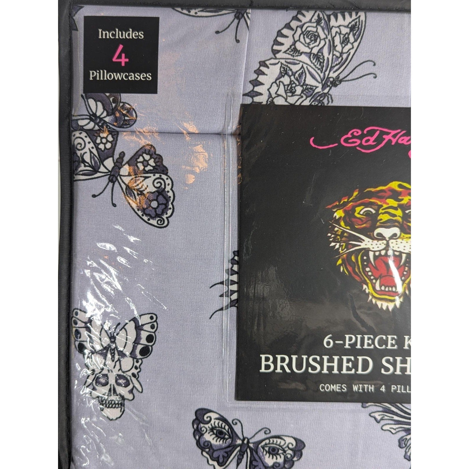 Ed Hardy 6-pc King Sheet Set w/4 Pillowcases, Skulls, Butterflies, Lavender NEW