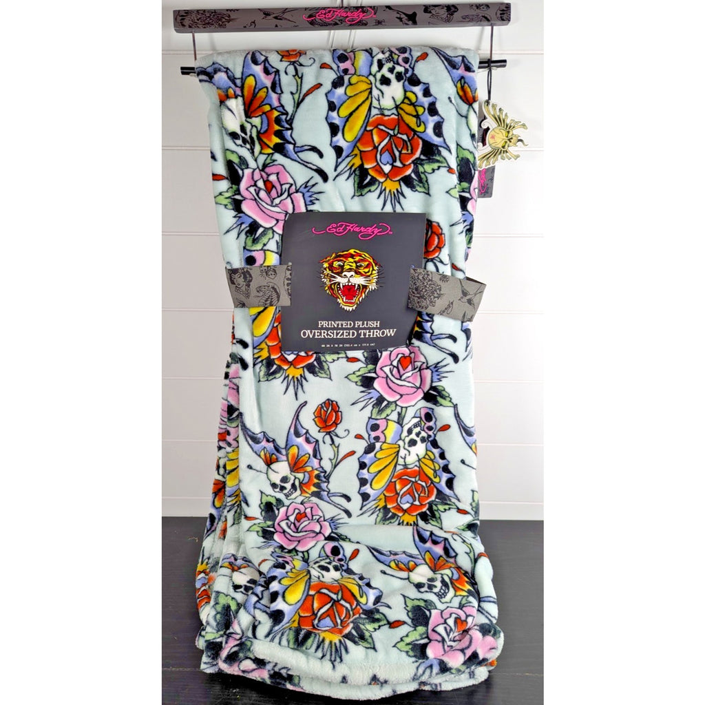 Ed Hardy Plush Oversized Throw Blanket Light Blue w/Skull Butterflies & Flowers