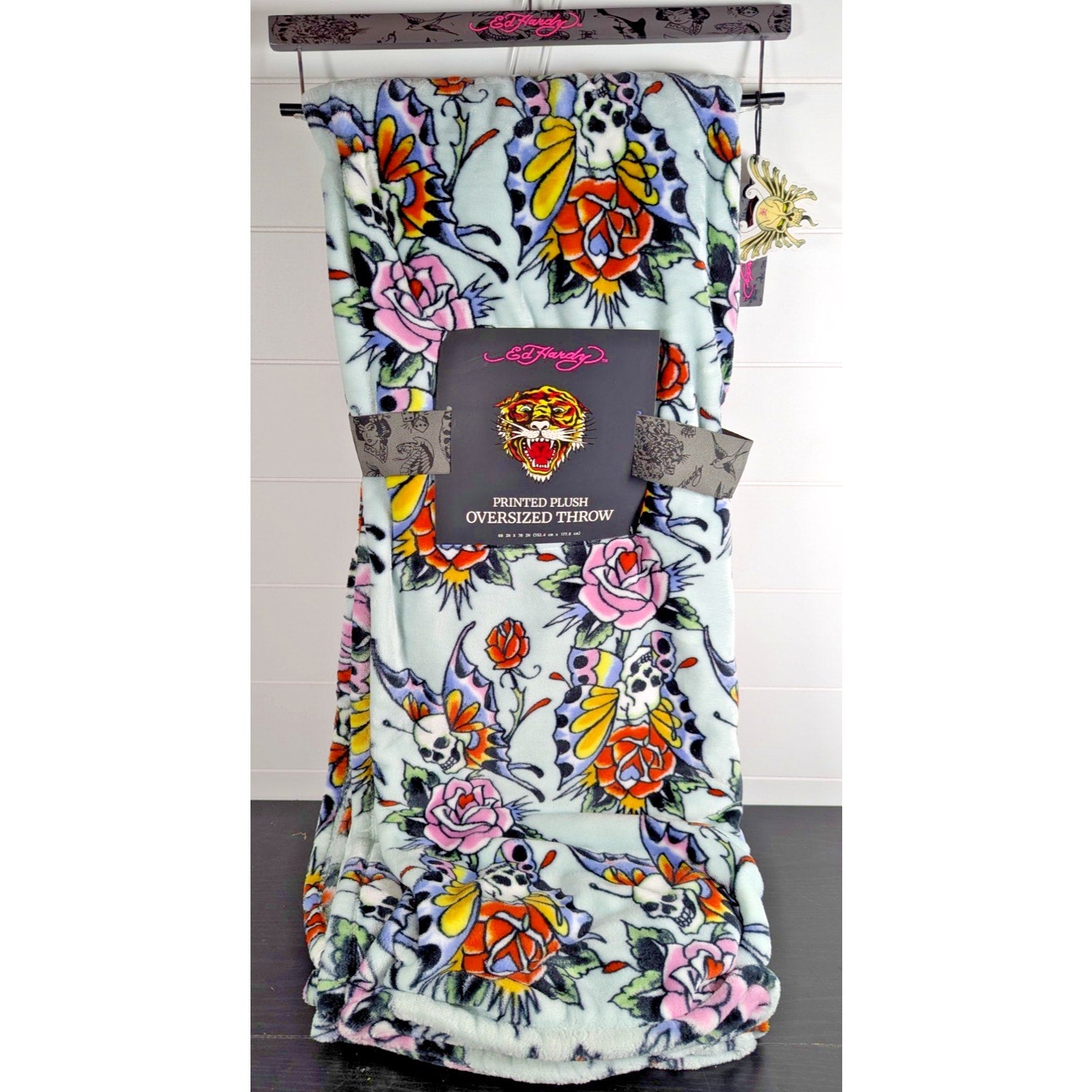 Ed Hardy Plush Oversized Throw Blanket Light Blue w/Skull Butterflies & Flowers