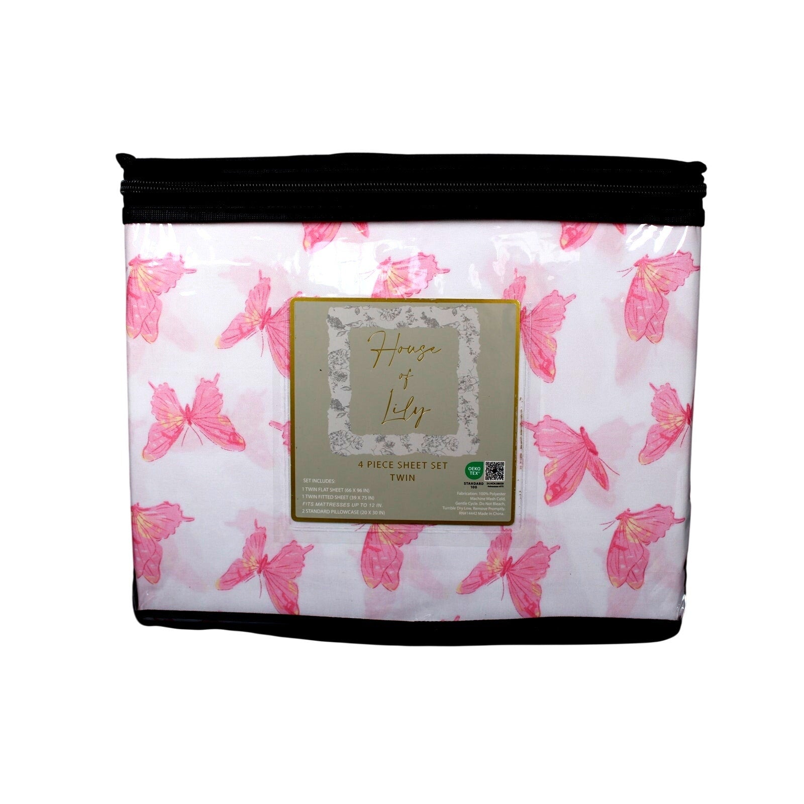 House Of Lily ~ Twin 4 Pc. Sheet Set - With Pink Butterflies 100% Polyester