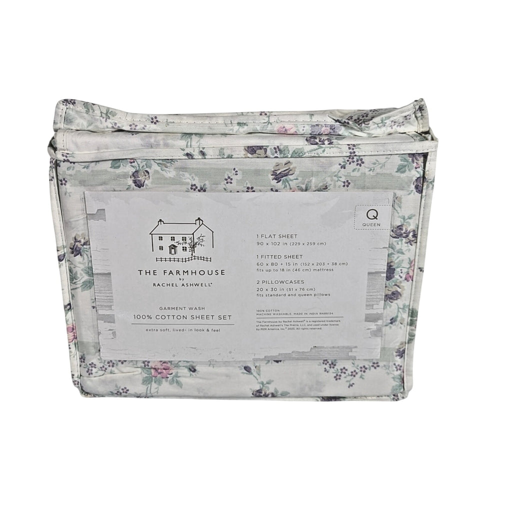 The Farmhouse Rachel Ashwell Purple, Pink, Green Floral Queen Sheet Set, NEW