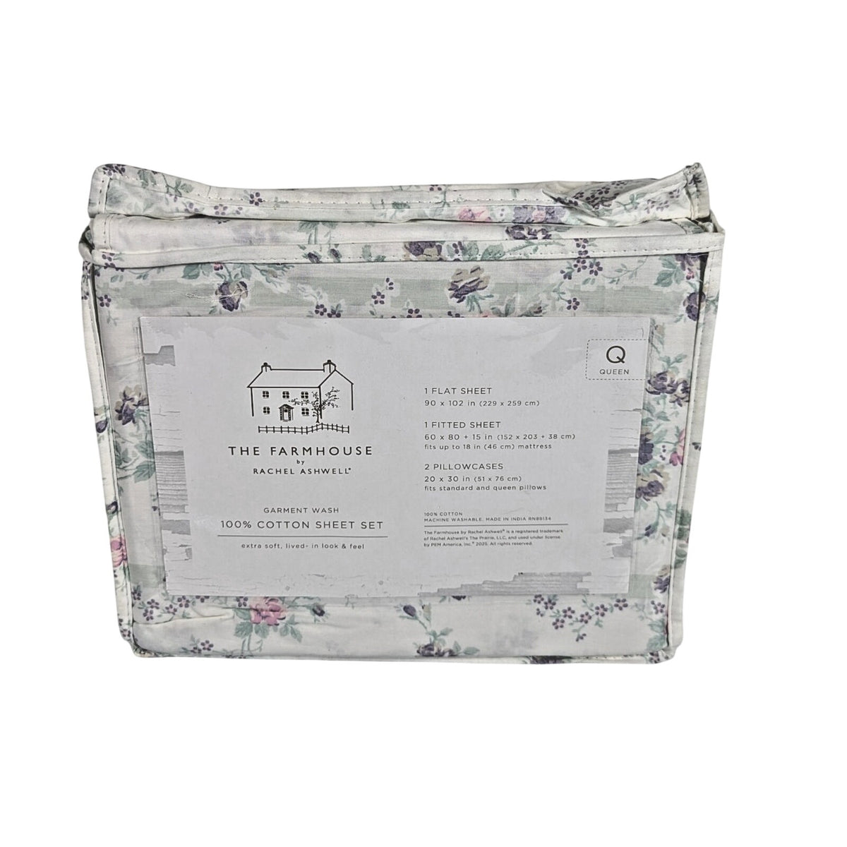 The Farmhouse Rachel Ashwell Purple, Pink, Green Floral Queen Sheet Set, NEW