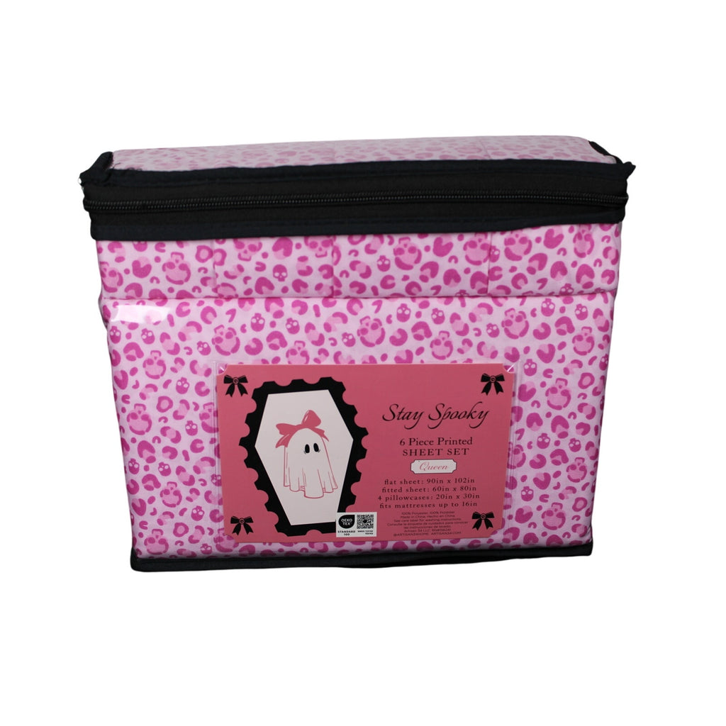 STAY SPOOKY 6pc QUEEN Halloween Skulls leopard print Pink Sheet Set - NEW