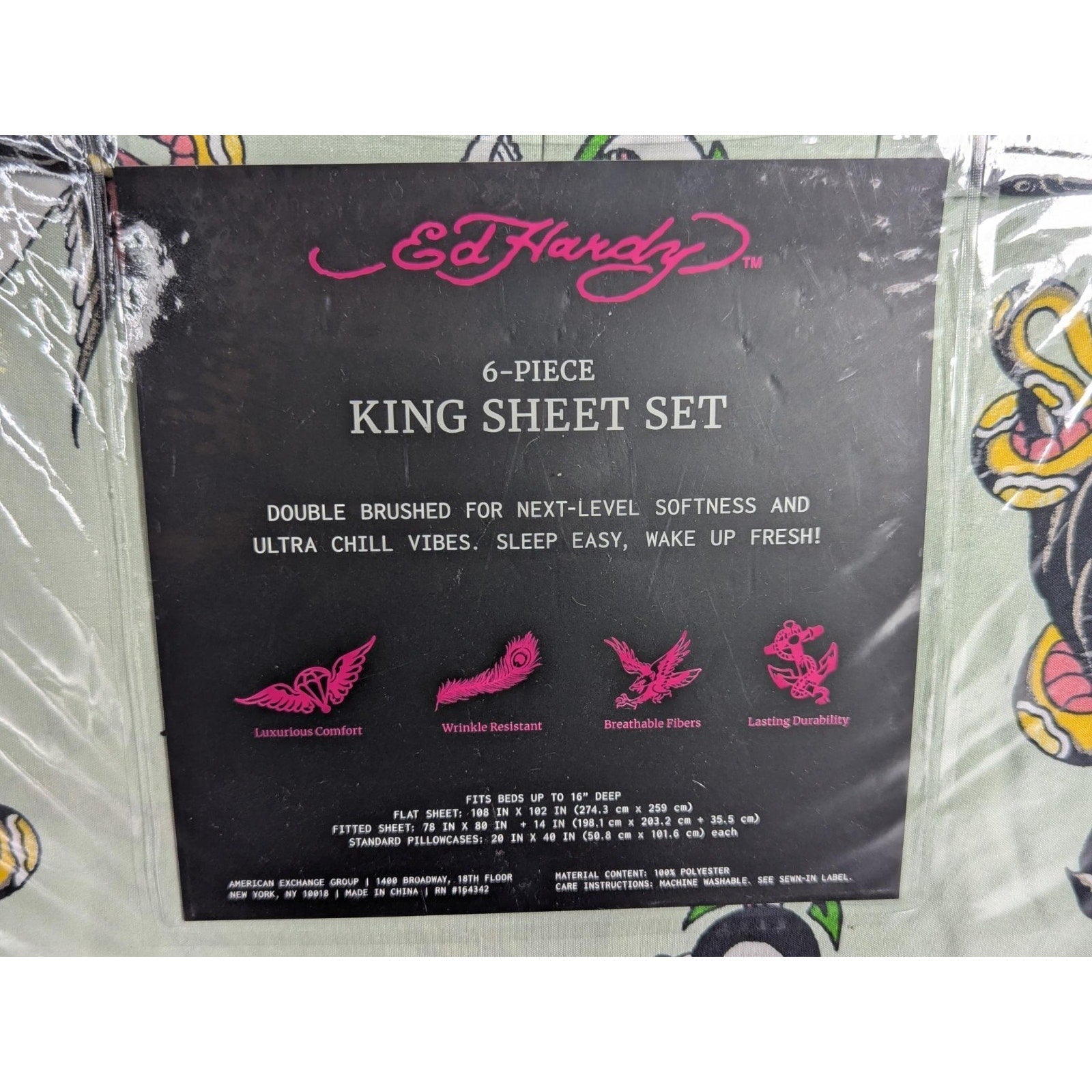Ed Hardy 6-pc King Sheet Set w/4 Pillowcases, Skulls, Snake, Bird, Tiger- Green