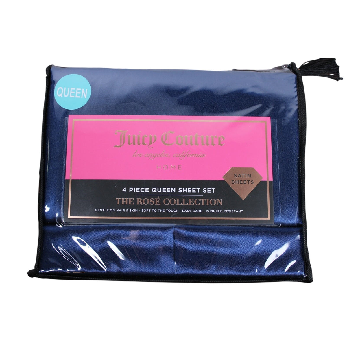 Juicy Couture Royal Blue Satin 4pc QUEEN Sheet Set Easy Care Soft Sleek Smooth