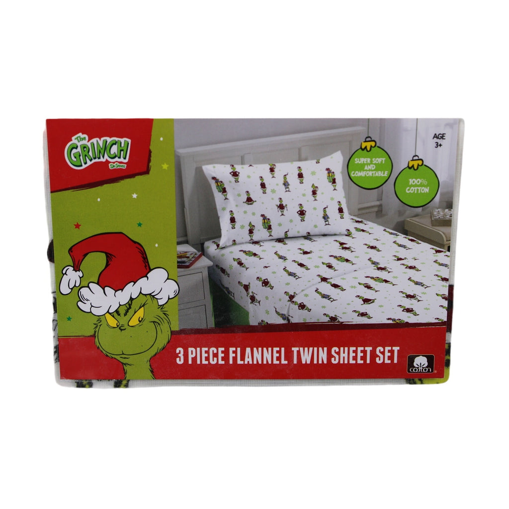 Festive New Dr. Seuss Grinch Twin Cotton Flannel Sheet Set